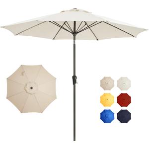 9FT Large Outdoor Patio Umbrella Pool Market Umbrella-UV Resistant, Easy Push Button Tilt and Crank, 8 Sturdy Ribs Heavy-Duty Table Umbrella for Deck, Backyard, Garden (White)
