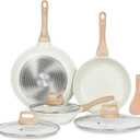 ESLITE LIFE Nonstick Ceramic Frying Pans Skillets Set with Lids, Non-Toxic Egg Omelette Kitchen Cooking Pans Compatible with All Stovetops (Gas, Electric & Induction), PTFE & PFOA Free (White) (8"+9.5"+11" Set w/Lids)
