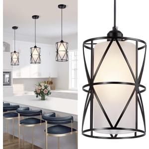 7"x10" Pendant Lights with Frosted Glass, Matte Black Pendant Lighting Kitchen Island, Cylindrical Pendant Light Fixtures, Modern Kitchen Island Lighting, Pendant Light for Foyer-Large