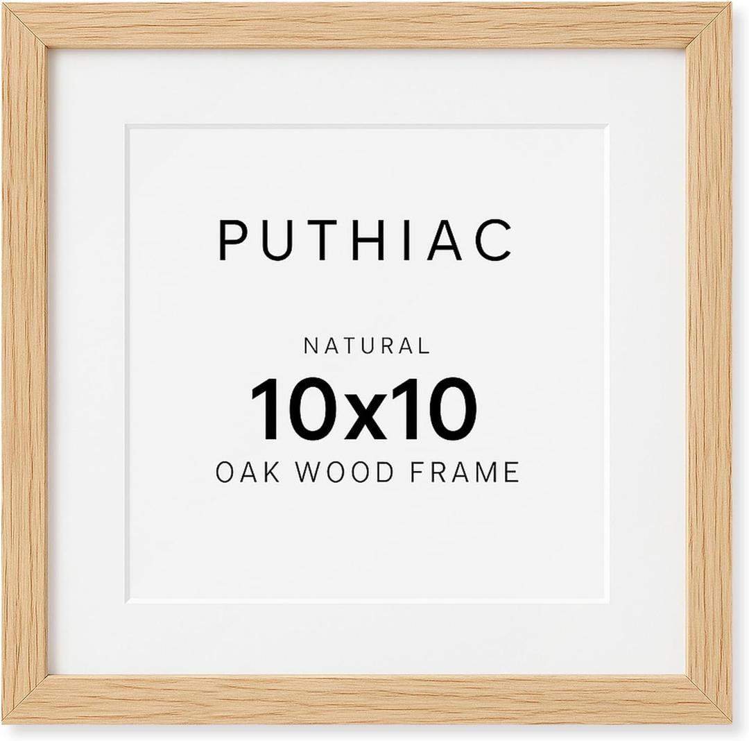 puthiac 10x10 Solid Oak Wood Picture Frame, Fits 6x6 with Mat or 10x10 Without Mat, Wall Display Only, Plexi Front, 1 Pack, Natural Oak