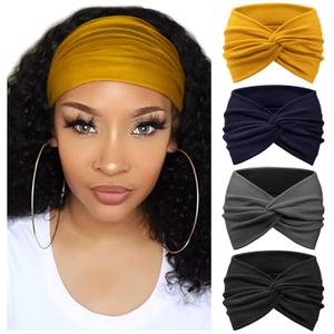 DRESHOW 4 Pack Turban Headbands for Women Wide Vintage Head Wraps Knotted Cute Hair Band Accessories (4 Pcs: Dark Grey, Navy Blue, Black, Yellow)