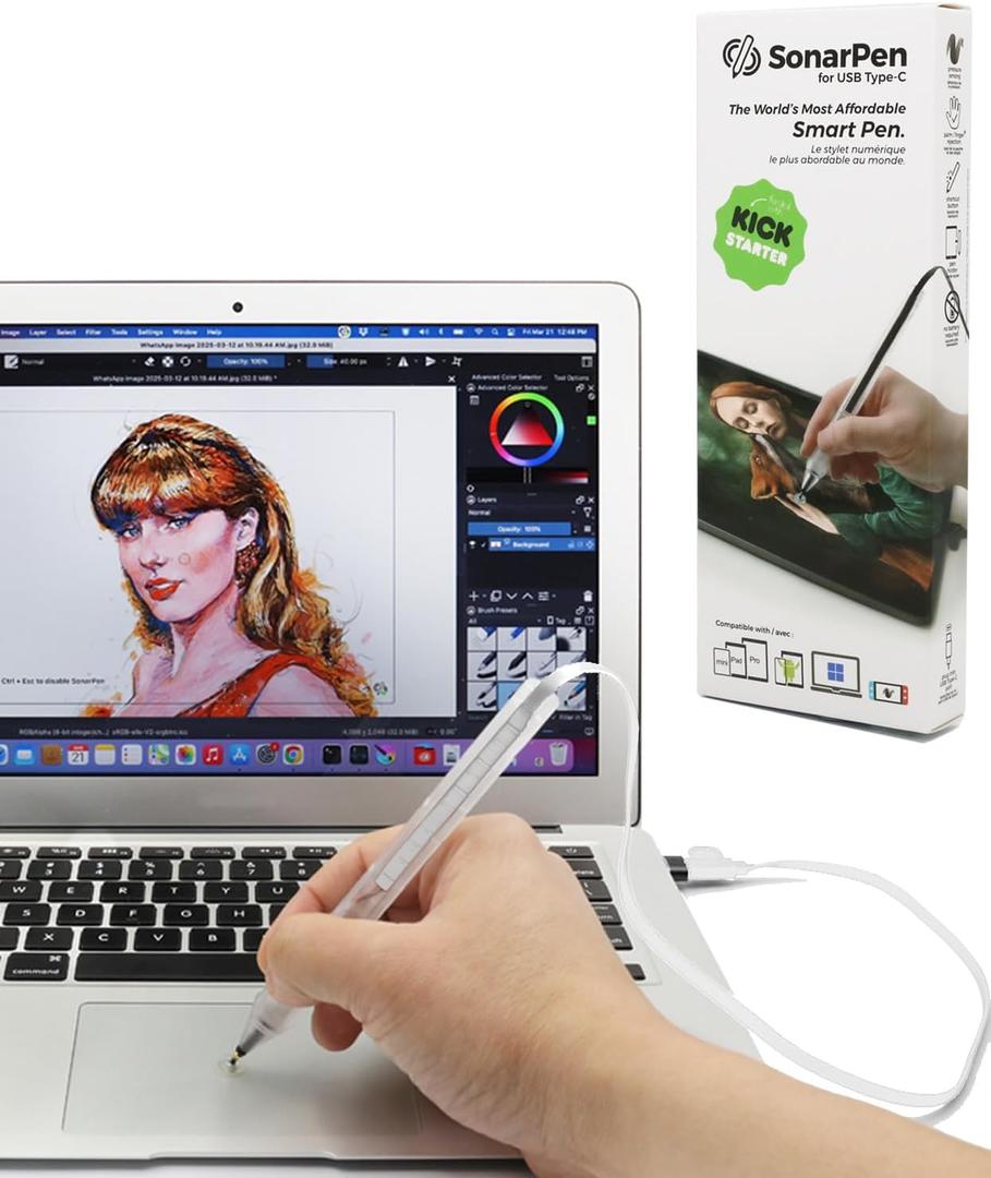 SonarPen (USB C): Battery-Less Pressure Sensitive Stylus Pen, Compatible with iPad/iPhone/Android/Mac/Windows PC and Switch. with Palm Rejection and Shortcut Button. (White)