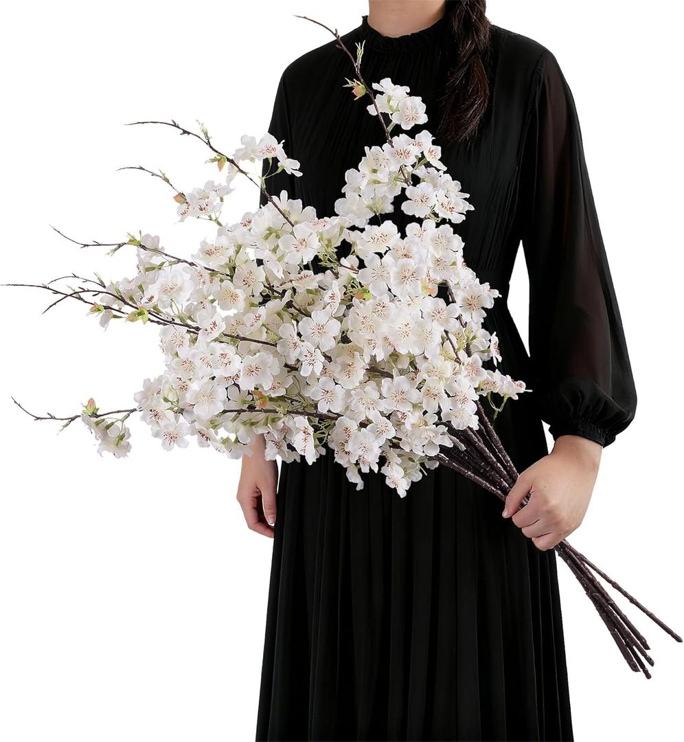 Artificial Cherry Blossom Branches 27.6In Silk Cherry Blossom Branches 8PCS Long Stem Artificial Flowers for Tall Vase, for Home Decorate, Weddings Decorate, Parties & Festival Gifts (White)