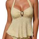 ZAFUL Halter Tankini Swimsuits for Women Lace O-Ring Cut Out Two Piece Tummy Control Swimsuits Bathing Suits (Large)