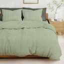 SANDJEST Green Duvet Cover Queen Size, Seersucker 3 Pieces Bedding Set, Includes 1 Duvet Cover 90x90 Inches and 2 Pillowcases 20x26 Inches