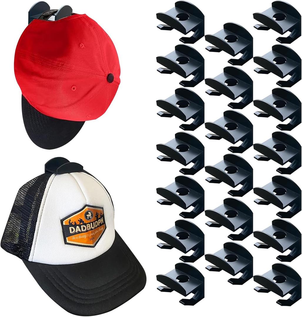 20 PCS Adhesive Hat Rack for Wall Baseball Caps, Hooks for Hats, Minimalist hat Display Rack, Strong Hold hat Wall Organizer, Hat Racks for Bedroom,Door,Closet Black