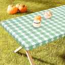 Rectangle Vinyl Table Cloth, Waterproof Elastic Fitted Tablecloth with Flannel Backing, Plastic Table Cover for Picnic, Camping, Outdoor (White & Sage Green, 30"x48")