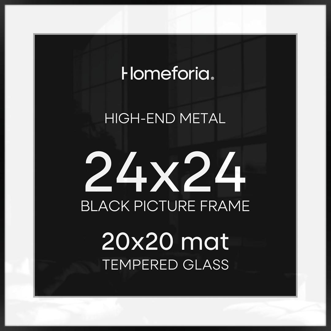 Homeforia 24x24 Picture Frame Black, High End Metal 24 x 24 Large Square Poster Frame Matted to 20 x 20 in Photo, 24by24 Thin Black Frames with Mat 20x20 inch Print, Tempered Glass, Wall Kit, Set of 1