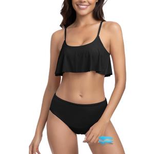 Beautikini Period Swimwear for Teens Menstrual Leakproof Ruffle Bikini Set Period Bikini Swimsuits Period Bathing Suits for Teen Girls(Black,Small)
