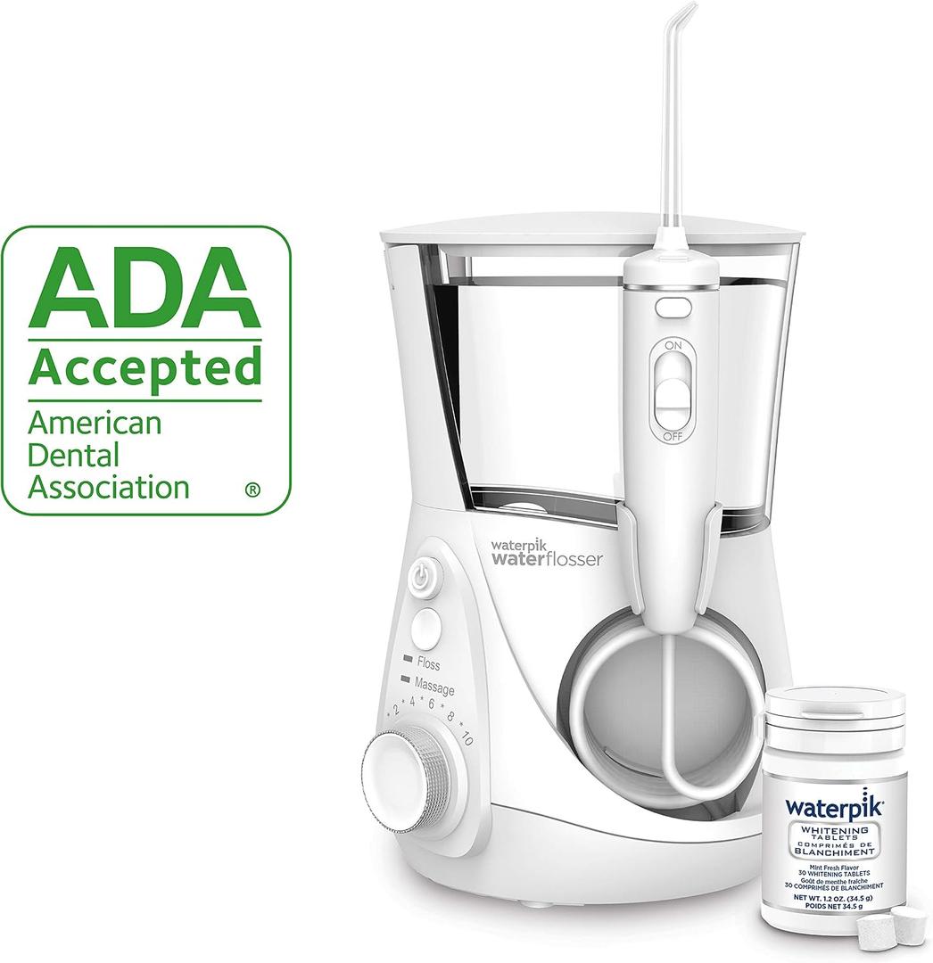 Waterpik Whitening Professional Water Flosser, Electric Power With 10 Settings, 30 Whitening Tablets, Whitens Teeth Gently, White WF-05