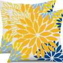 DFXSZ Yellow Blue Flower Pillow Covers 18x18 Inch Set of 2 White Gray Colored Throw Pillows Outdoor Waterproof Decor for Living Room Sofa Patio Funiture Garden Floral Polyester Pillow Covers 002J18