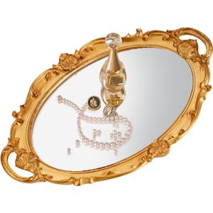 XPXKJ Gold Mirror Tray Vintage Vanity Tray for Dresser Perfume Storage Decorative Mirrored Glass Tray Coquette Room Decor, Bedroom, Bathroom Oval Antique Serving Makeup Organizer