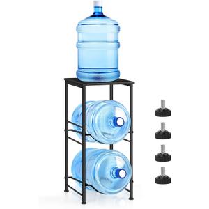 Water Bottle Holder 5 Gallon Water Jug Holder with Storage Shelf, 2 Tier Black Water Bottle Rack Stand with 2 Slots for Small Space, Kitchen, Home Office, Living Room (Round Tube)
