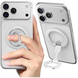 CloudValley 4-in-1 Magnetic Phone Grip Holder for MagSafe, 2025 Super Stable Kickstand & Mag Safe Finger Loop, Compatible with iPhone 17/16/15/14/13 Series & MagSafe Case (Silver)