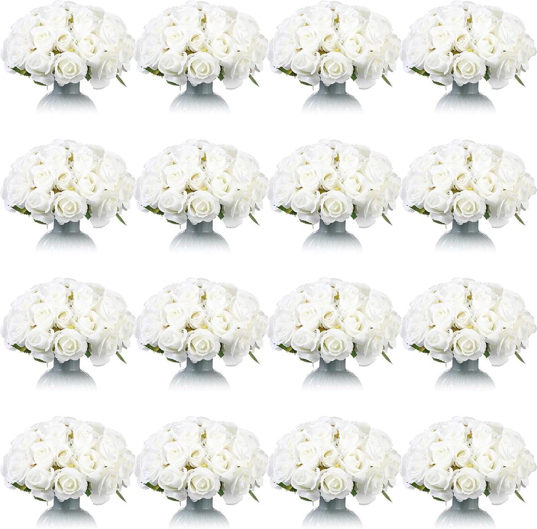 Jexine 240 Pcs Artificial Rose Flowers Bouquet Silk Realistic Flowers Bulk Centerpieces DIY Bride Fake Rose for Home Bridal Wedding Party Decorations(White)