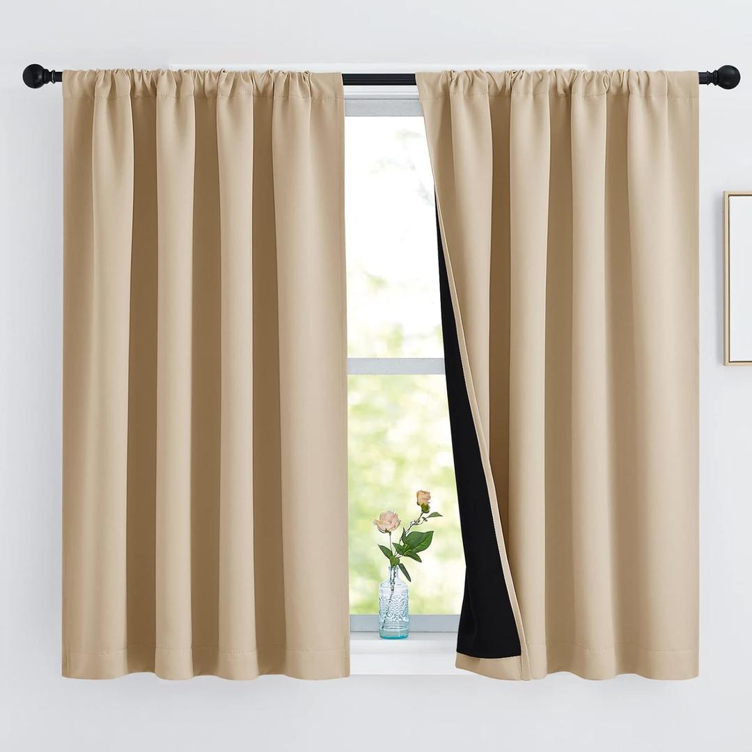 NICETOWN Bedroom Full Blackout Curtain Panels, Super Thick Insulated Rod Pocket Window Covers, Blackout Draperies with Black Liner for Short Window (Biscotti Beige, Set of 2 PCs, 52 by 45-inch)