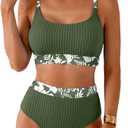 Herseas Women's Textured Bikini Sets Floral Trim Scoop Wire Free Swimsuits 2026 High Waisted Slimming Bathing Suits Cute Sporty Soft Chic Resort Essentials Green Medium