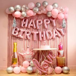 Pink birthday decorations for women ，happy birthday party decorations for girls，pink Fringe Curtain，happy birthday banner，happy birthday balloons，happy birthday balloon letters (HB-pink)