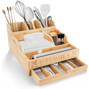 Kitchen Utensil Holder with Drawer, Farmhouse Spatula Organizer for Countertop,Large Capacity Flatware Spoon Forks Knives Cooking Tool Cutlery Holder for Party Picnic BBQ with 11 Compartments (Wood)
