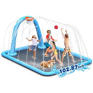102x87'' Splash Pad with Ball, Basketball Hoop & Arch, Outdoor Water Mat for Kids, Dogs & Adults, Non-Slip Thickened Sprinkler Pad for Backyard Summer Fun