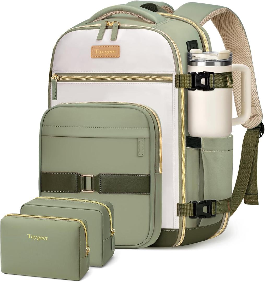 Taygeer Underseat Personal Item Backpack, Dirt-resistant TSA Approved United Airlines Personal Item Bag 17x10x9 with 2 Packing Cubes, 35L Travel Carry on Backpack for Airplanes women, Green