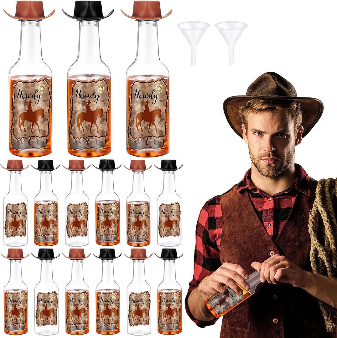 2 x Honeydak 12 Set Mini Cowboy Hats Wine Bottles Western Party Decoration Tiny Cowboy Cowgirl Hat Brown Black Plastic Alcohol Bottles with Funnels for Western Wedding Birthday Bachelorette Favors