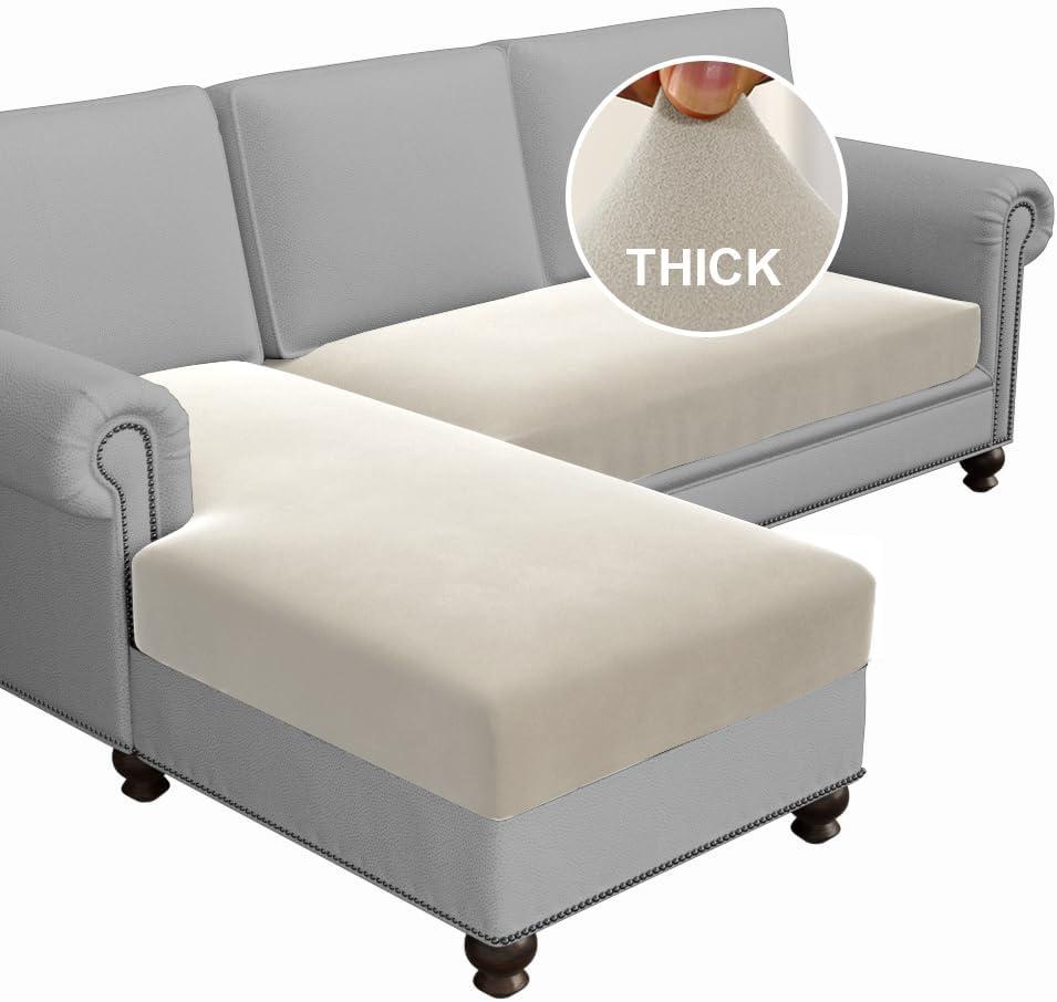 H.VERSAILTEX Fleece 2 Piece Sectional Couch Covers L Shape Stretch Couch Cushion Covers Thick and Soft Sofa Covers for Sectional Sofa Set Washable (2 Seater + 1 Chaise, Pale Oak)