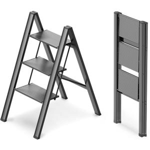 WOA WOA 3 Step Ladder, Foldable Step Stool, Lightweight Ladder for Home Kitchen Closet, Anti-Slip Aluminum Pedals, Ease of Folding, Portable, 300lbs Capacity - Black