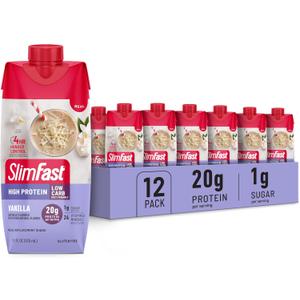 SlimFast Protein Shake, Vanilla- 20g Protein, Meal Replacement Shake Ready to Drink, High Protein with Low Carb and Low Sugar, 24 Vitamins and Minerals, 12 Count (Pack of 1), Best By: MAR 20 26