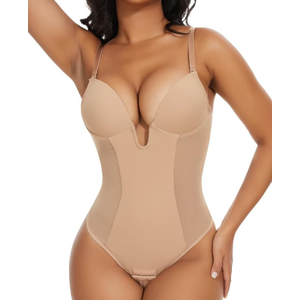 SHAPERIN Women's Backless Body Shaper Bra Faja U Plunge Low Back Thong Shapewear Tummy Control Deep V Bodysuit M