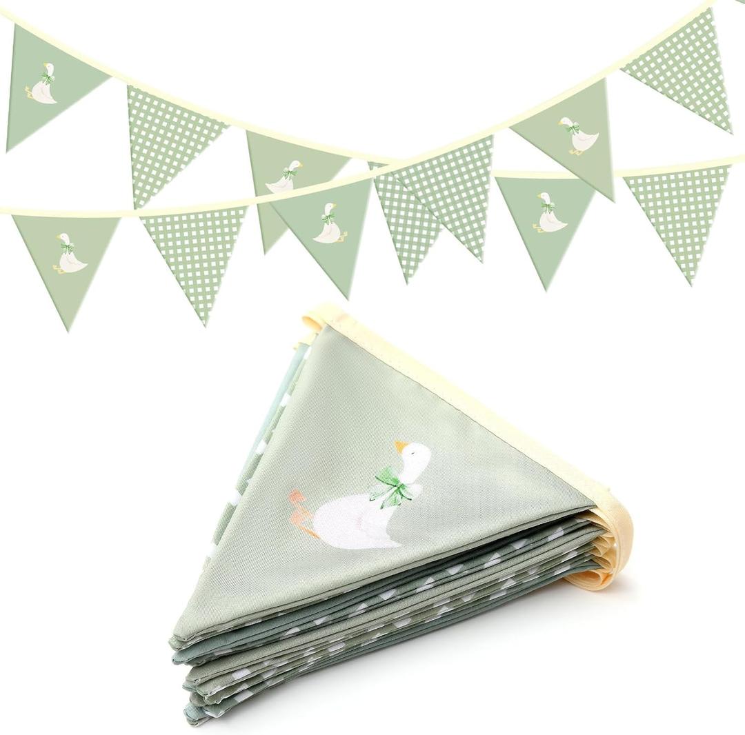 Hahafelt One Silly Goose Birthday Banner, Cute Silly Goose 1st Birthday Party Decorations Fabric Bunting Garland with Bow for Baby Shower, Nursery Room Decor(Plaid,Sage Green)