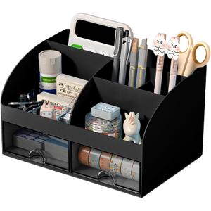 Desk Organizer with 6 Compartments and 2 Drawers, Plastic Makeup Organizer, Pen Holder for Desktop Storage, Desk Organization for School, Home, Office Supplies (Black)