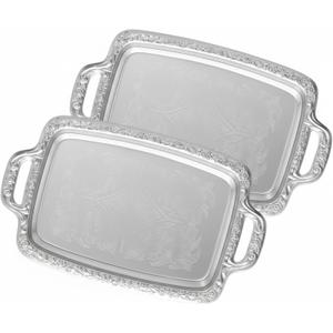 2 Pcs Silver Serving Tray Elegant Floral Metal Plate Silver Platter for Buffet Wedding Party Jewelry Decorative (Oblong with Handle)