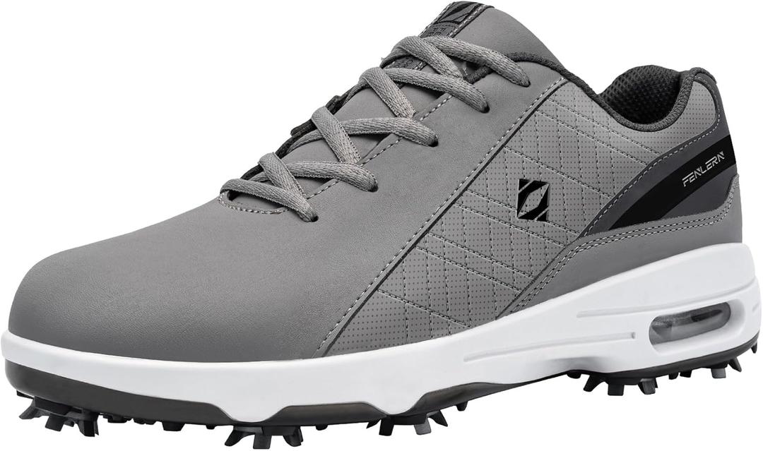 FENLERN Golf Shoes Men, Spiked, Waterproof Leather Upper, Cushioning F006 (14, Grey White)