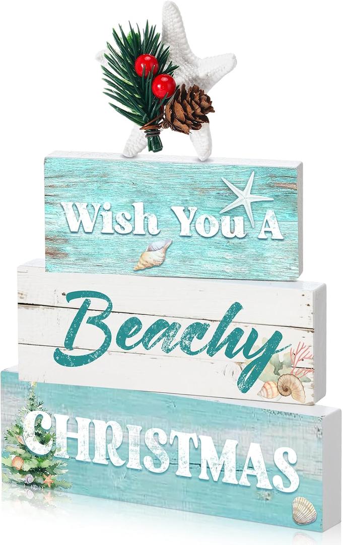 4 Pcs Beachy Christmas Table Decorations Starfish Shell Beach Tiered Tray Decor Wooden Beach Christmas Table Signs Xmas Tabletop Centerpiece for Party Home Kitchen Dining