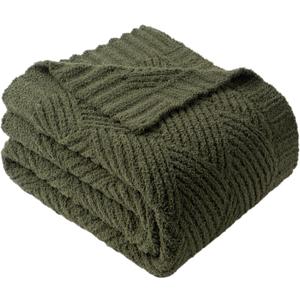 Battilo Olive Green Chenille Throw Blanket for Couch, Soft Diamond Textured Knit Green Blanket, Cozy Lightweight Decorative Blankets for Sofa, 50"x60"