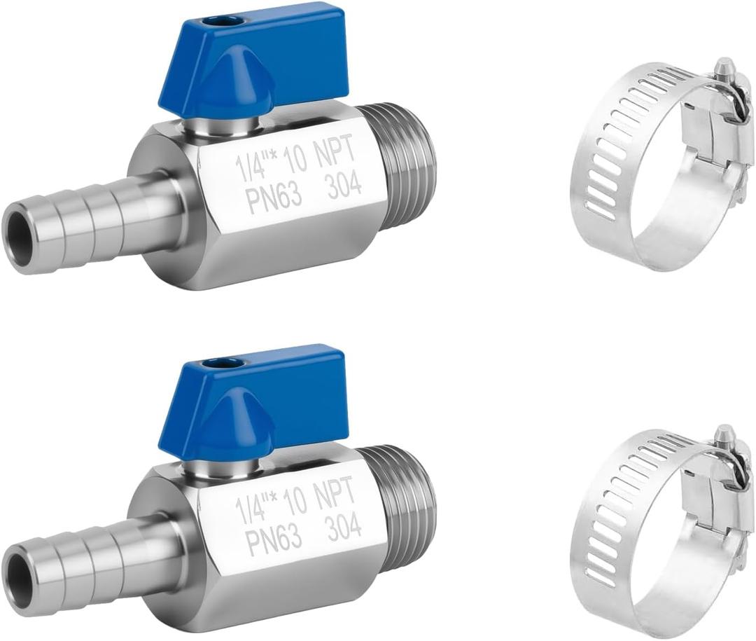 2Pack 3/8" Hose Barb to 1/4" NPT Male Mini Ball Valve 304 Stainless Steel Shut Off Valve with Clamps Kit for Air Water Fuel Gas (3/8" Barb x 1/4" NPT Male)