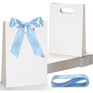 Aliceset 12 Pcs Paper Gift Bags 10 x 7 x 3.15'' Small Thank You Bridesmaid Gift Bags with Die Cut Handles for Wedding Bridal Baby Shower Graduation Birthday Party Favor(White,Light Blue)