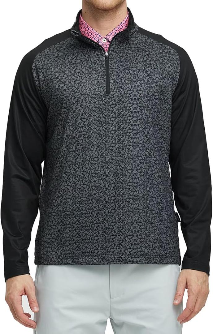 M MAELREG Quarter Zip Pullover Men Moisture Wicking Lightweight Sports Print Mock Neck Golf 1/4 Zip Pullover Mens Sweatshirt (Large, Black Grey Leaf)