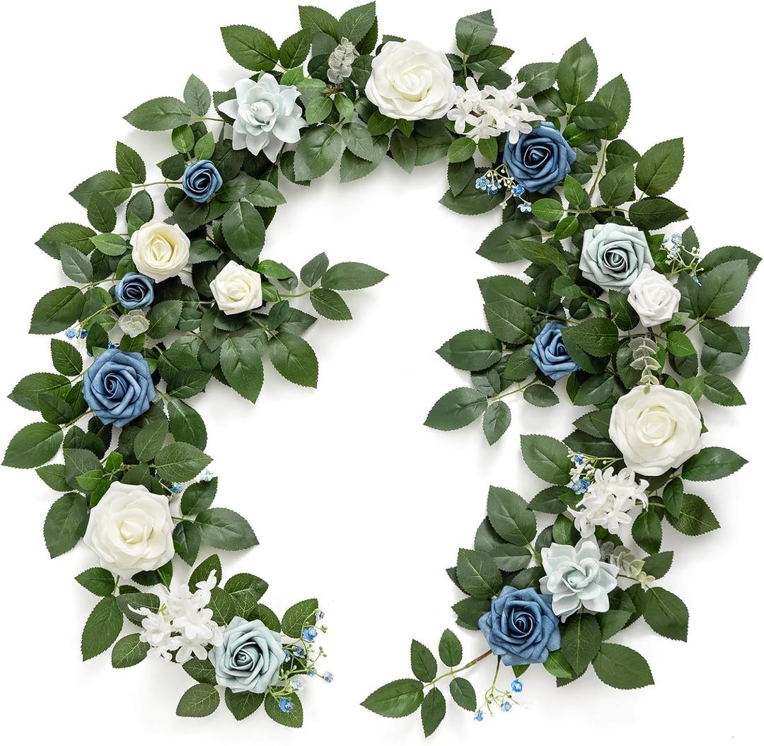 Ling's Moment 5FT Dusty Blue Artificial Flower Garland Rose Leaves Floral Garland Arch Flowers Vine Table Centerpieces Decoration