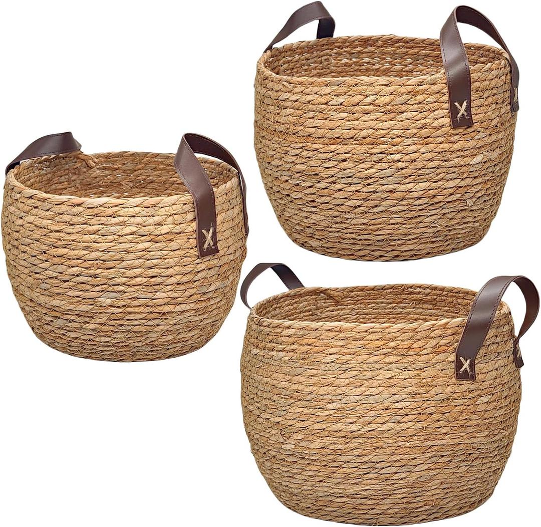 Round Wicker Woven Seagrass Storage Baskets with Leather Handles Set of 3, Natural Decorative Braided Rope Wicker Baskets Bins for Shelves Blankets Organizing, 13", 12" & 11"