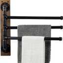 MyGift Swivel Towel Rack, Wall Mounted Towel Holder with 3 Tier Industrial Metal Pipe Towel Bars, Wooden Base Rustproof Swing Out Towel Hanger for Bathroom, Kitchen, Pool (Brown) (Burnt Wood / Black)