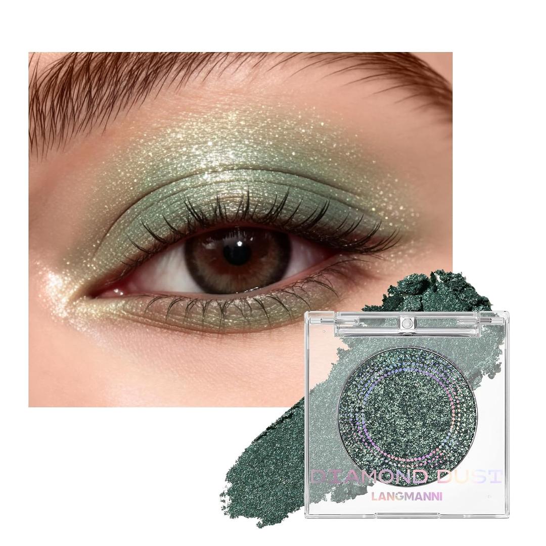 3 x Glitter Eyeshadow, Metallic Shimmer Single Eye Shadow, Emerald Gleam | Glitter sparkle and metallic shimmer with smooth blendable texture, long-lasting wear and highly pigmented color for any look