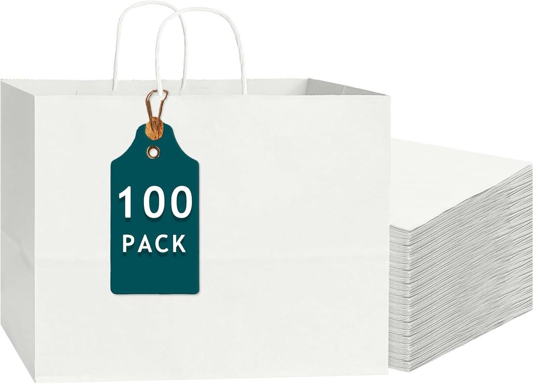 Bakepacker 100-Pack Wide Large Size Paper Bags With Handles Bulk 12.6"x4.3"x10" White Party Shopping Bags