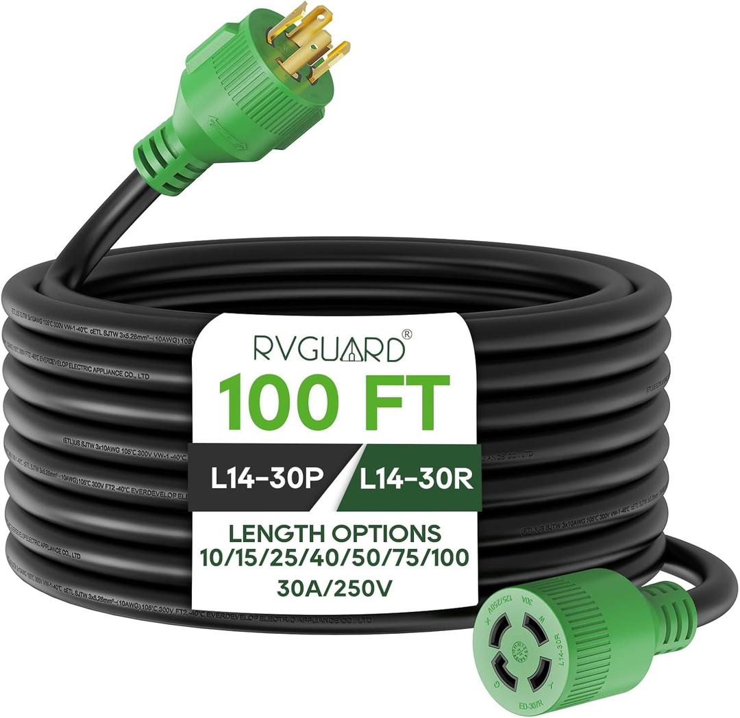 RVGUARD 4 Prong 30 Amp 100 Foot Generator Extension Cord, NEMA L14-30P/L14-30R, 125/250V Up to 7500W 10 Gauge SJTW Generator Cord with Cord Organizer, ETL Listed