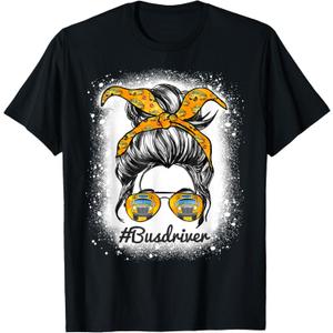 Womens Bus Driver Life Messy Bun Hair Cute School Bus Driver T-Shirt (Small, Black)