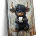 Funny Highland Cow Bathroom Canvas Wall Art Cute Black Cow Baby Animal Picture Wall Decor Vintage Rustic Farmhouse Home Poster Print Painting for Bathroom Toilet Restroom Washroom Decoration, 24"L x 16"W-Canvas