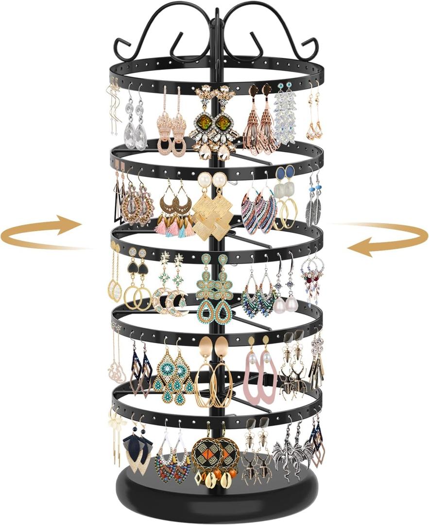 MODOWEY Rotating Earring Holder Organizer Stand, 5 Tier Metal Tree Display for Women Vendors, 220 Holes Adjustable Jewelry rack for Stud Hoop Dangle Storage, Trendy Carousel Keeps Dresser Neat, Black