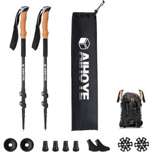 Aihoye Trekking Hiking Poles - 2 Pack Adjustable Walking Sticks, Collapsible Lightweight Aluminum 7075, Hiking Sticks with Quick Flip-Lock and Comfortable Cork Grips (Black)