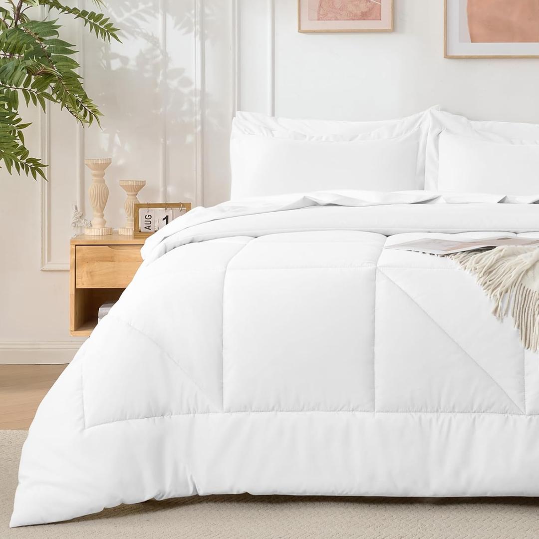 7 Pieces White Comforter Queen Set- Utral Soft Microfiber Bedding Set, Thick Duvet Insert Bed in a Bag Without Rustling Noise for All Season, 88"x88"